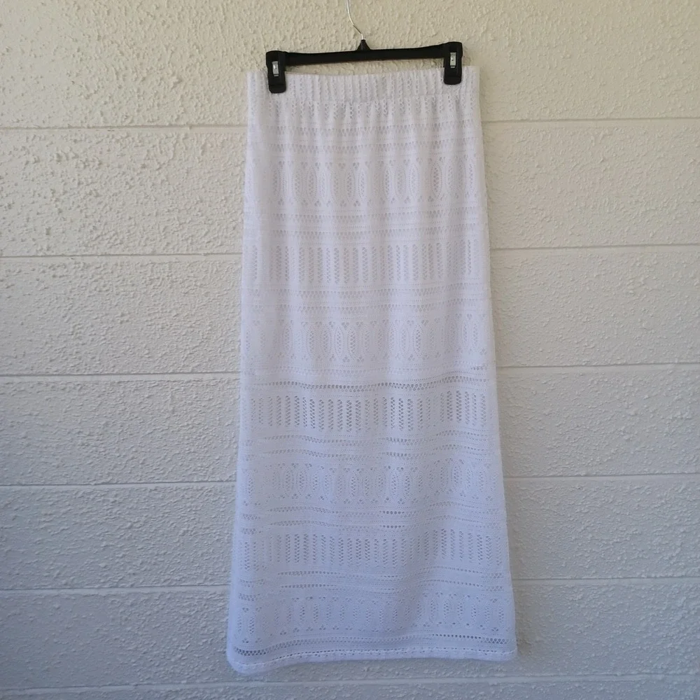 Cache White Crochet Lace Maxi Skirt Elastic Waist Boho Summer Festival Womens M